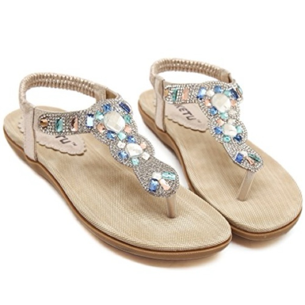 SIKETU Women's Sandals Bohemia Slingback T-Strap Shiny Rhinestone Ankle 44 Shoe